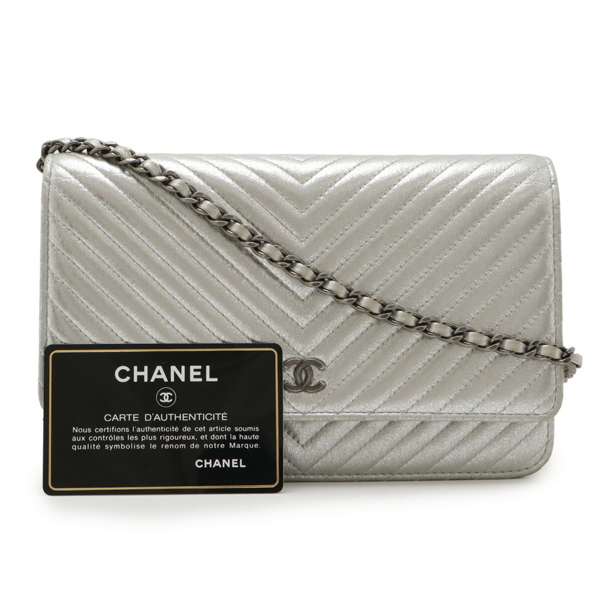 Chanel Chevron (V Stitch) Metallic Silver Leather Chain/Shoulder Wallet (Pre-Owned)