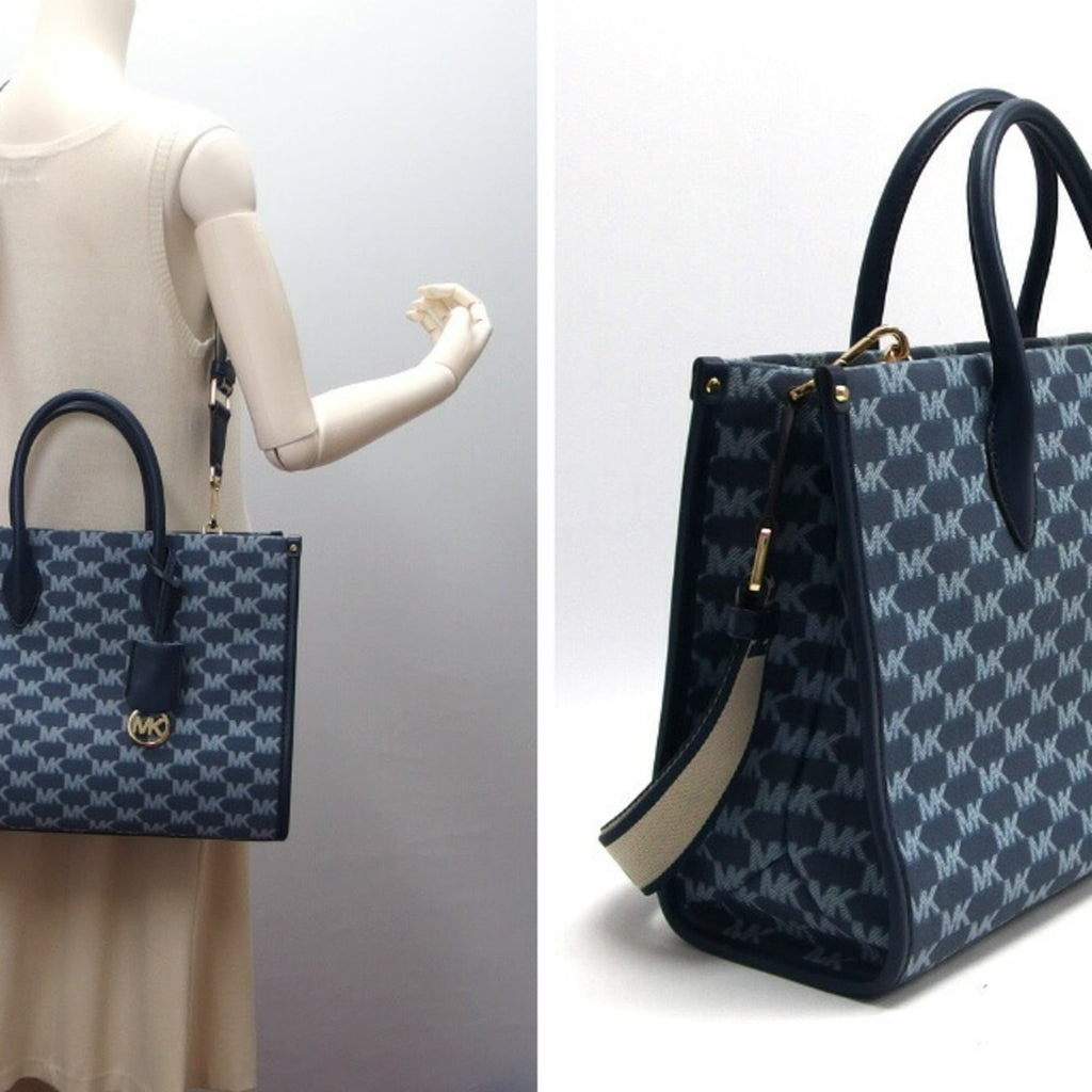 Michael Kors Blue Navy Canvas Leather Shoulder Bag Tote Bag (Pre-Owned)