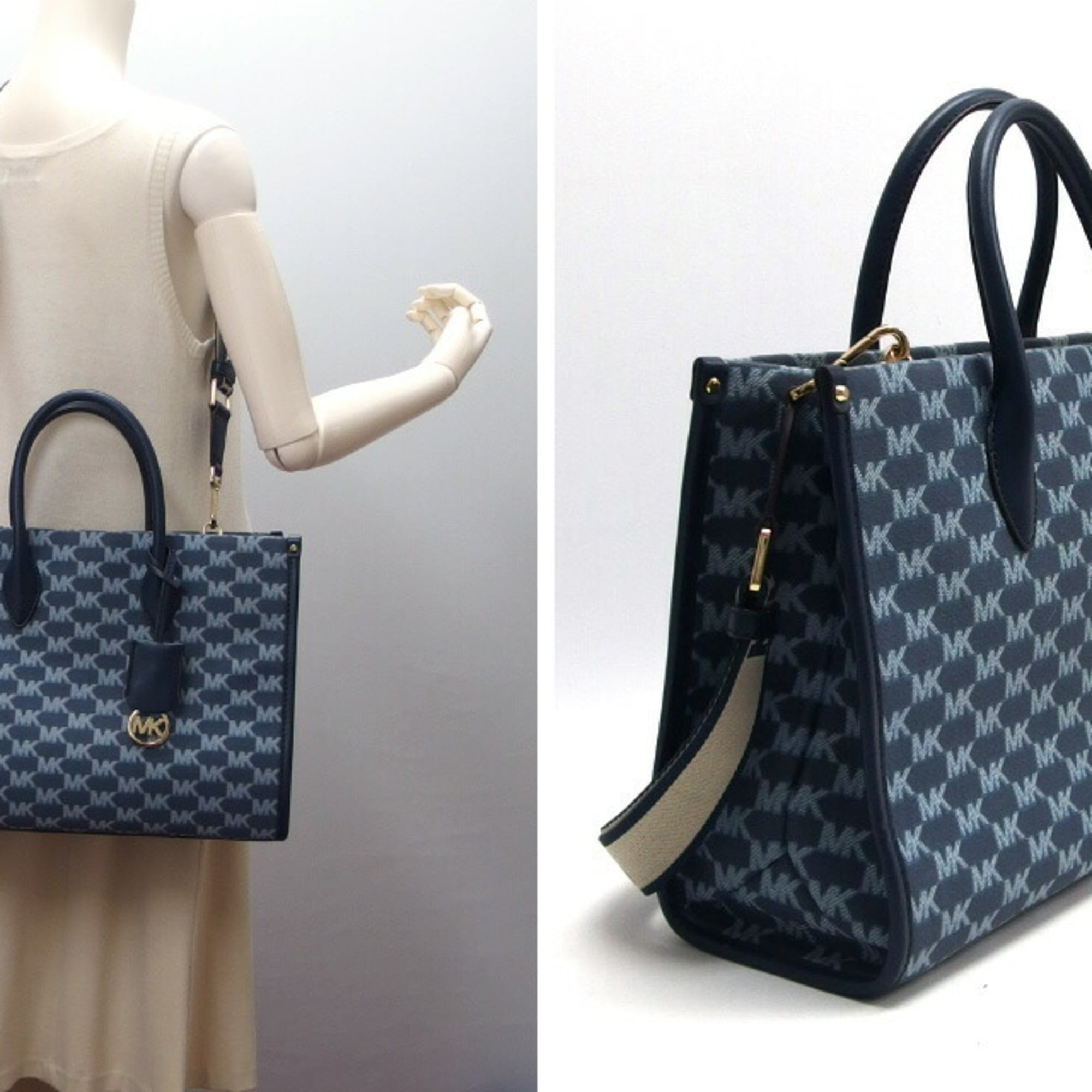 Michael Kors Blue Navy Canvas Leather Shoulder Bag Tote Bag (Pre-Owned)