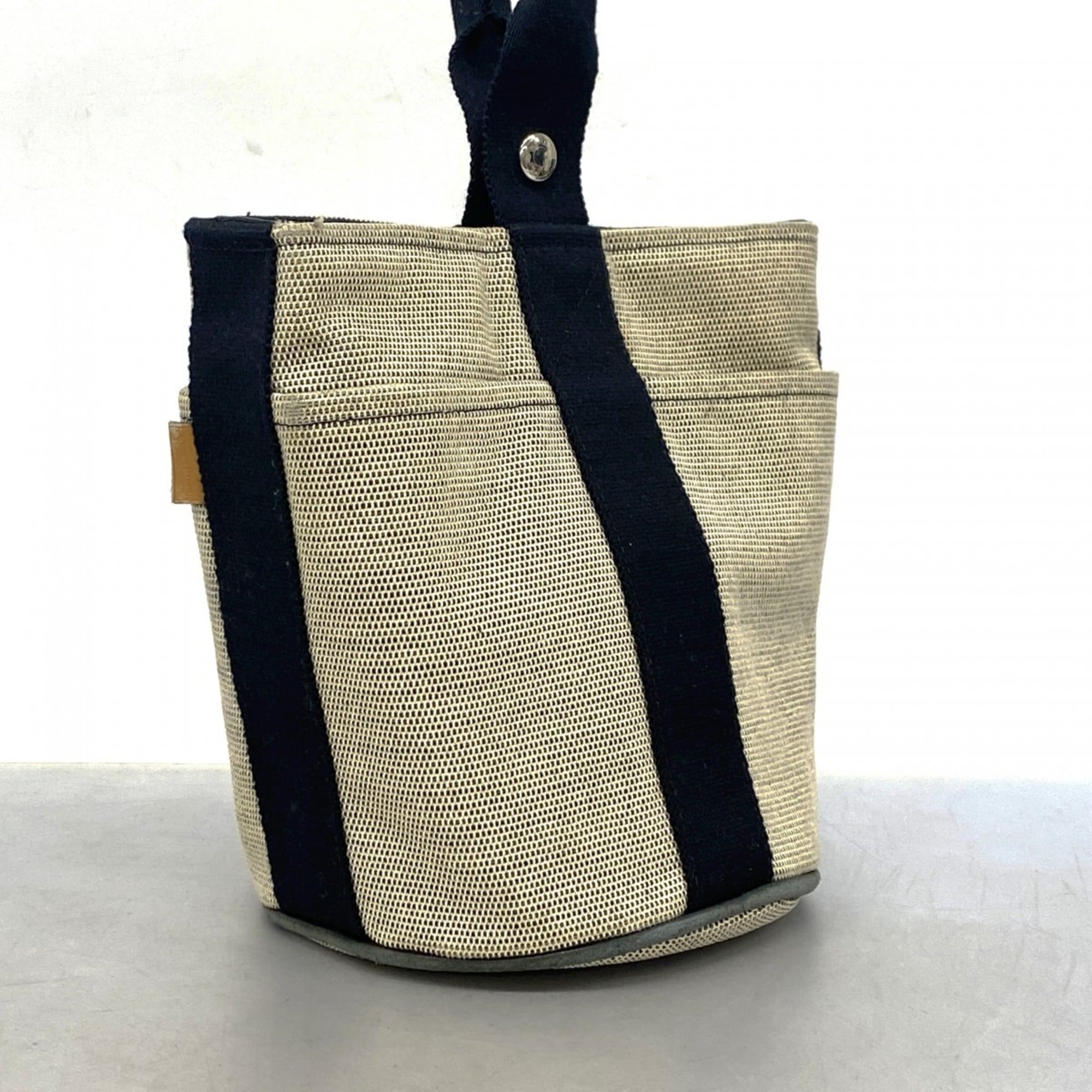 Hermes Beige Black Canvas Handbag (Pre-Owned)
