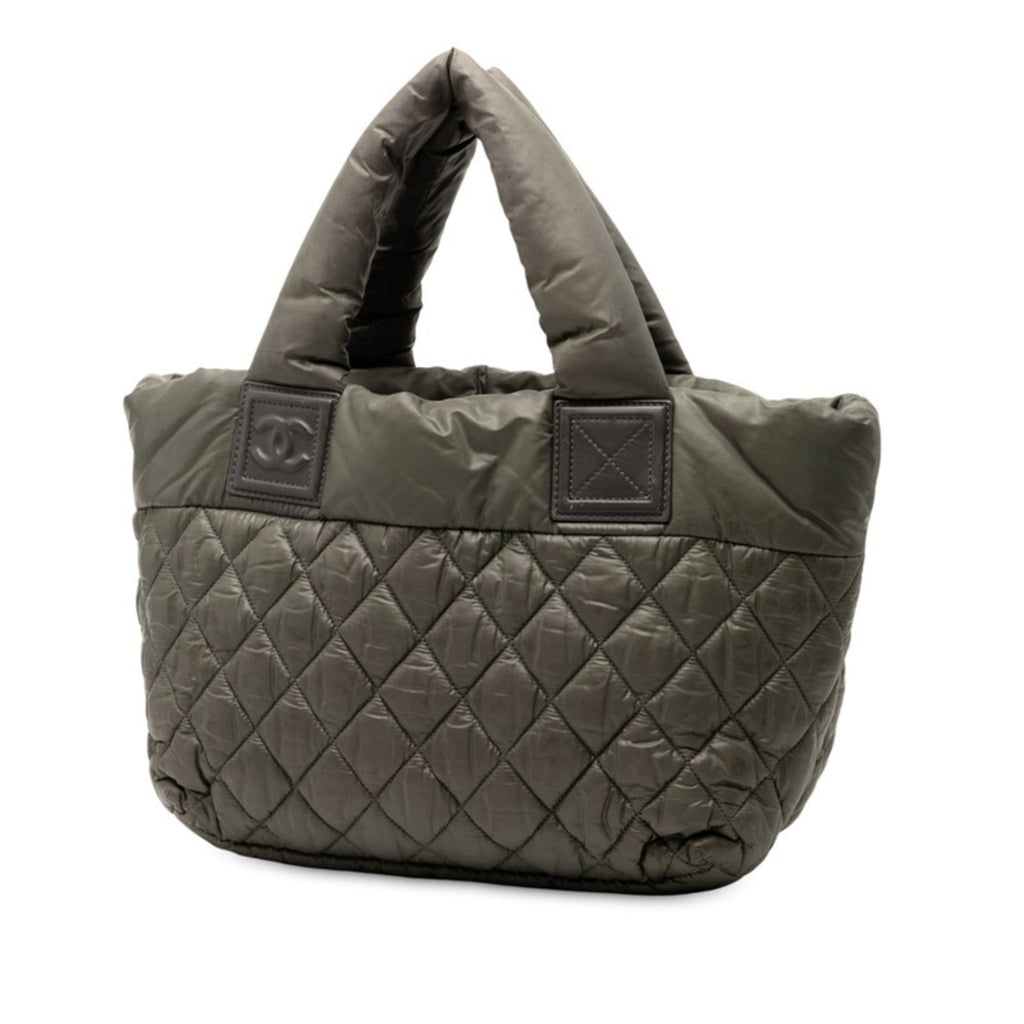 Chanel Khaki Navy Nylon Leather Handbag Tote Bag (Pre-Owned)
