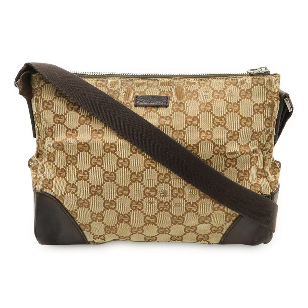 Gucci Beige Dark Brown Khaki Canvas Leather Shoulder Bag (Pre-Owned)