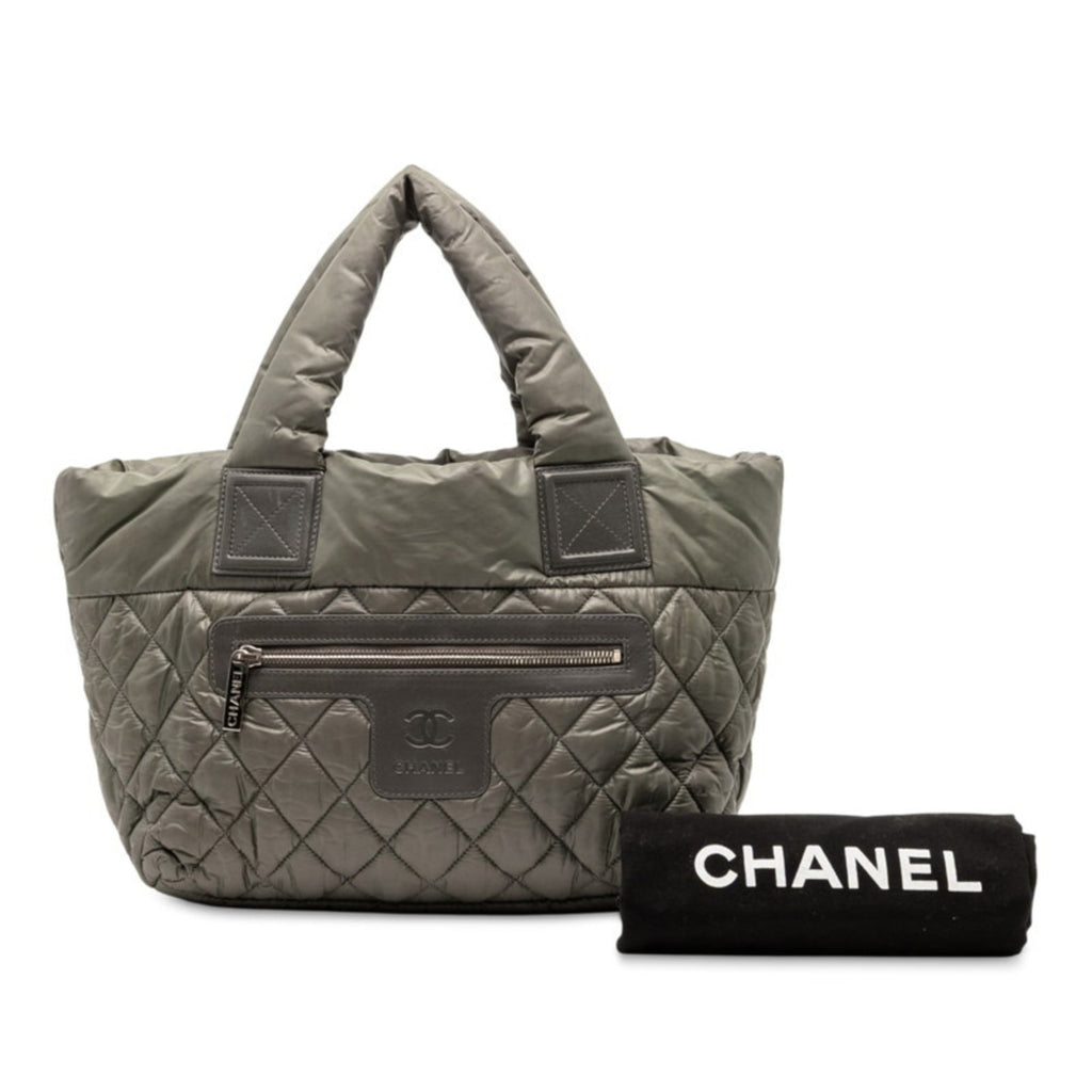 Chanel Khaki Navy Nylon Leather Handbag Tote Bag (Pre-Owned)