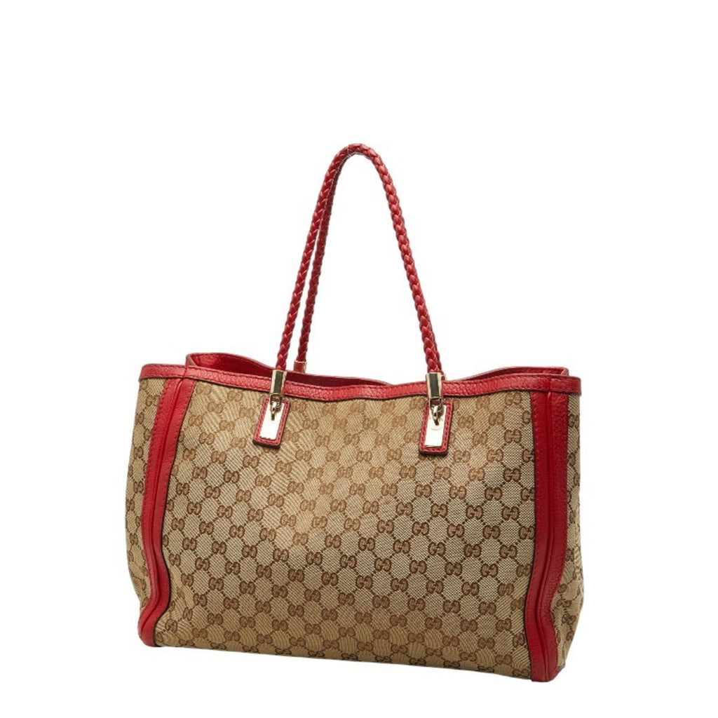 Gucci Beige Red Color Canvas Leather Tote Bag (Pre-Owned)
