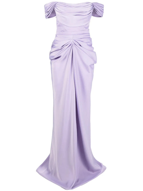 Ana Radu Off Shoulder Satin Maxi Dress — Red/ Purple — Size S — Front View