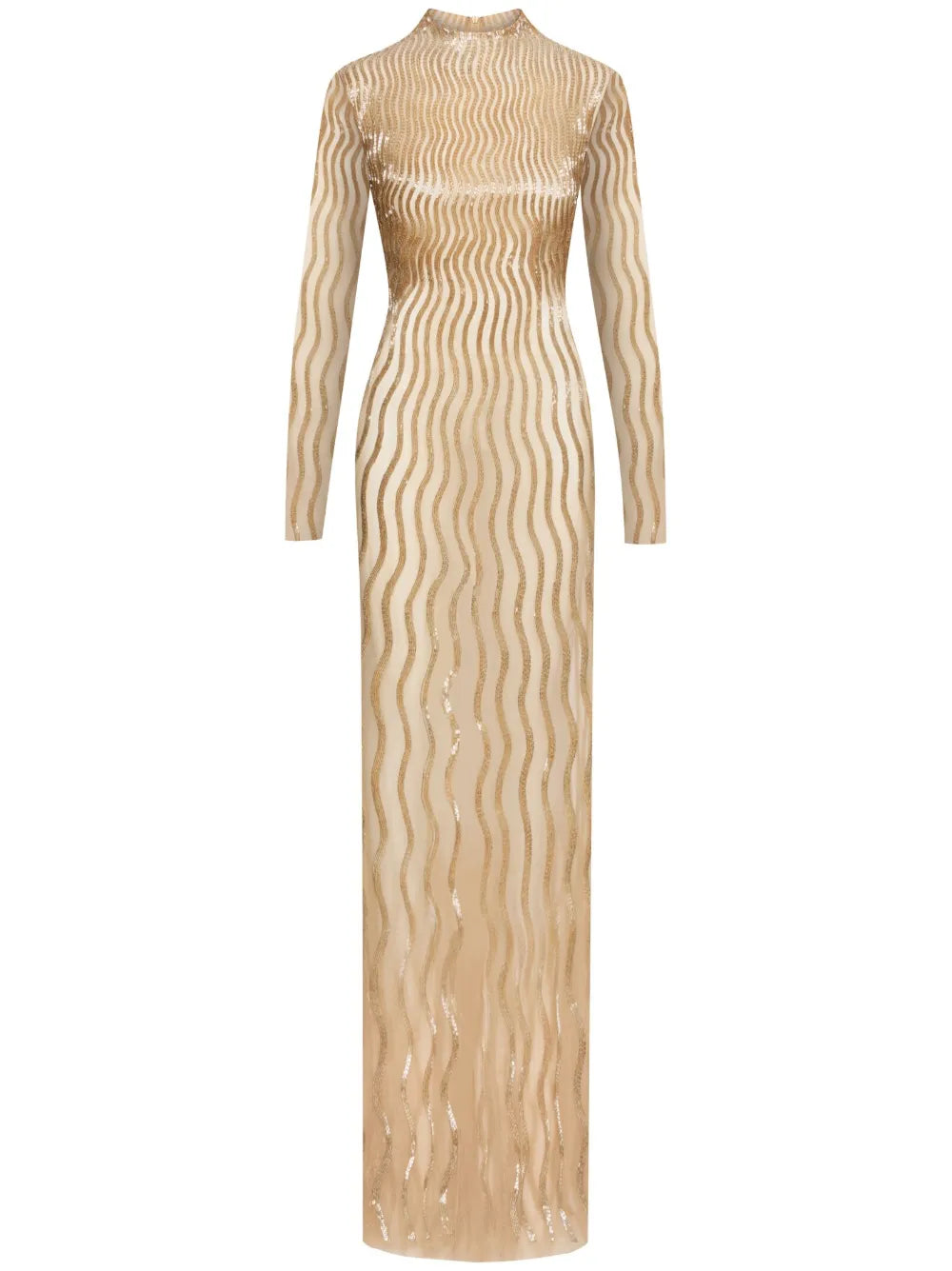 Oscar De La Renta Sequinned Wave Tulle Gown — Gold — Size M — Front View