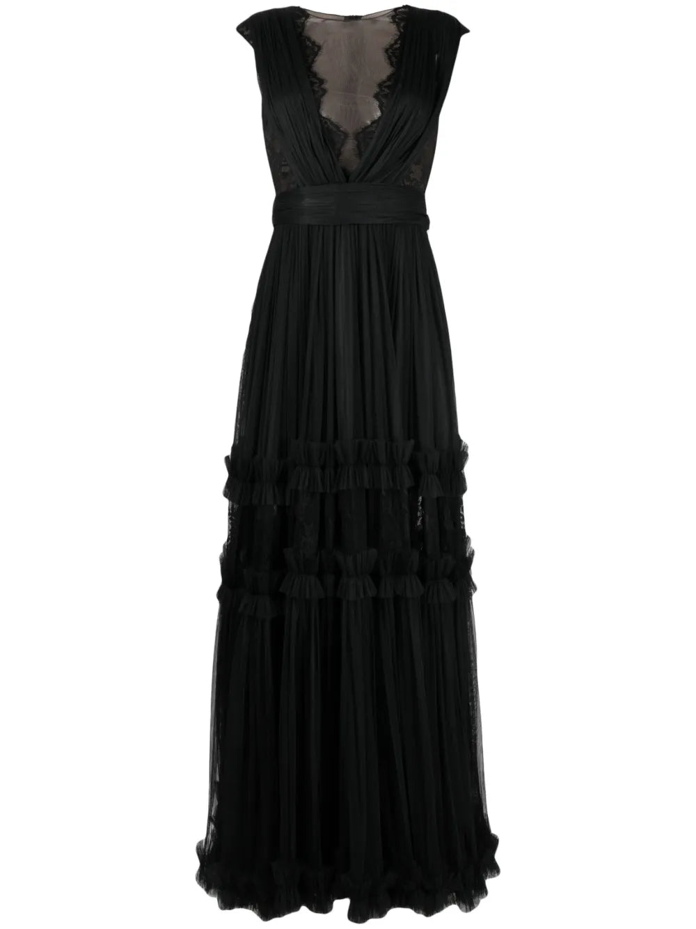 Ana Radu Sleeveless Ruched Maxi Dress — Black/ Red — Size XS — Front View