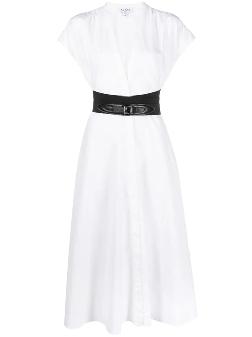 Alaia Belted A Line Midi Dress — Black/ White — Size XS — Front View