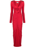 Nissa Floral Applique Ruched Maxi Dress — Red — Size S — Front View