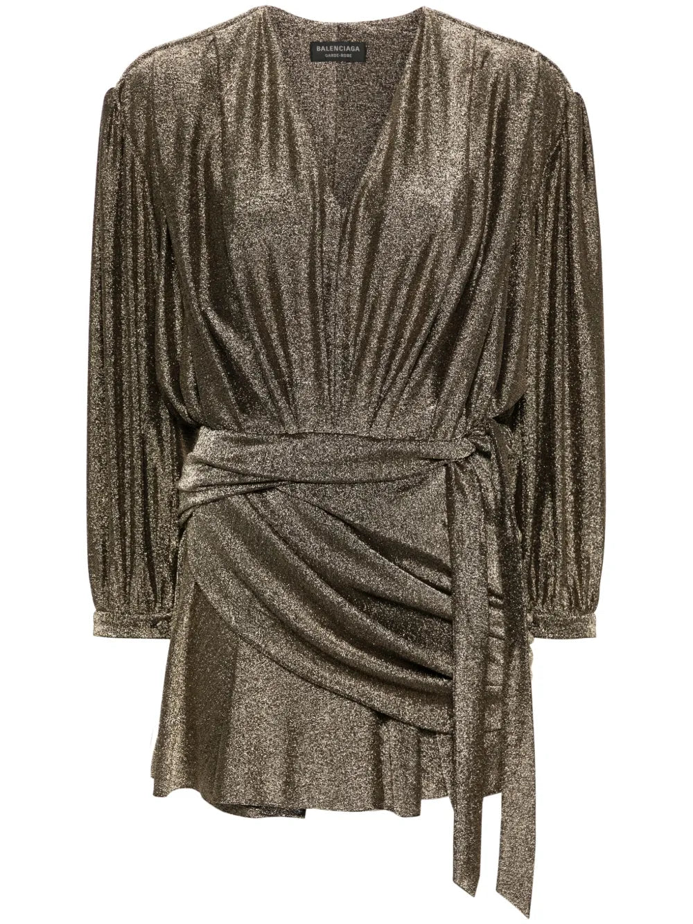 Balenciaga Draped Glittered Mini Dress — Black/ Red/ Gold — Size XS — Front View