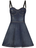 Dolce Gabbana Sweetheart Neck Denim Minidress — Blue/ Navy/ Red — Size XS — Front View