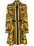 Versace Heritage Baroque Print Silk Minidress — Black/ Tan/ Red/ Gold — Size XS — Front View