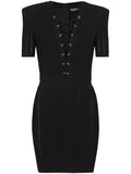 Balmain V Neck Lace Up Minidress — Black/ Gold — Size XS — Front View
