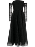 Nissa Crystal Embellished Off Shoulder Dress — Black/ Red — Size XS — Front View