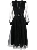 Nissa Crystal Embellished Belted Waist Dress — Black/ Red — Size XS — Front View