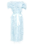 Huishan Zhang Angelina Feather Trim Midi Dress — Blue — Size S — Front View