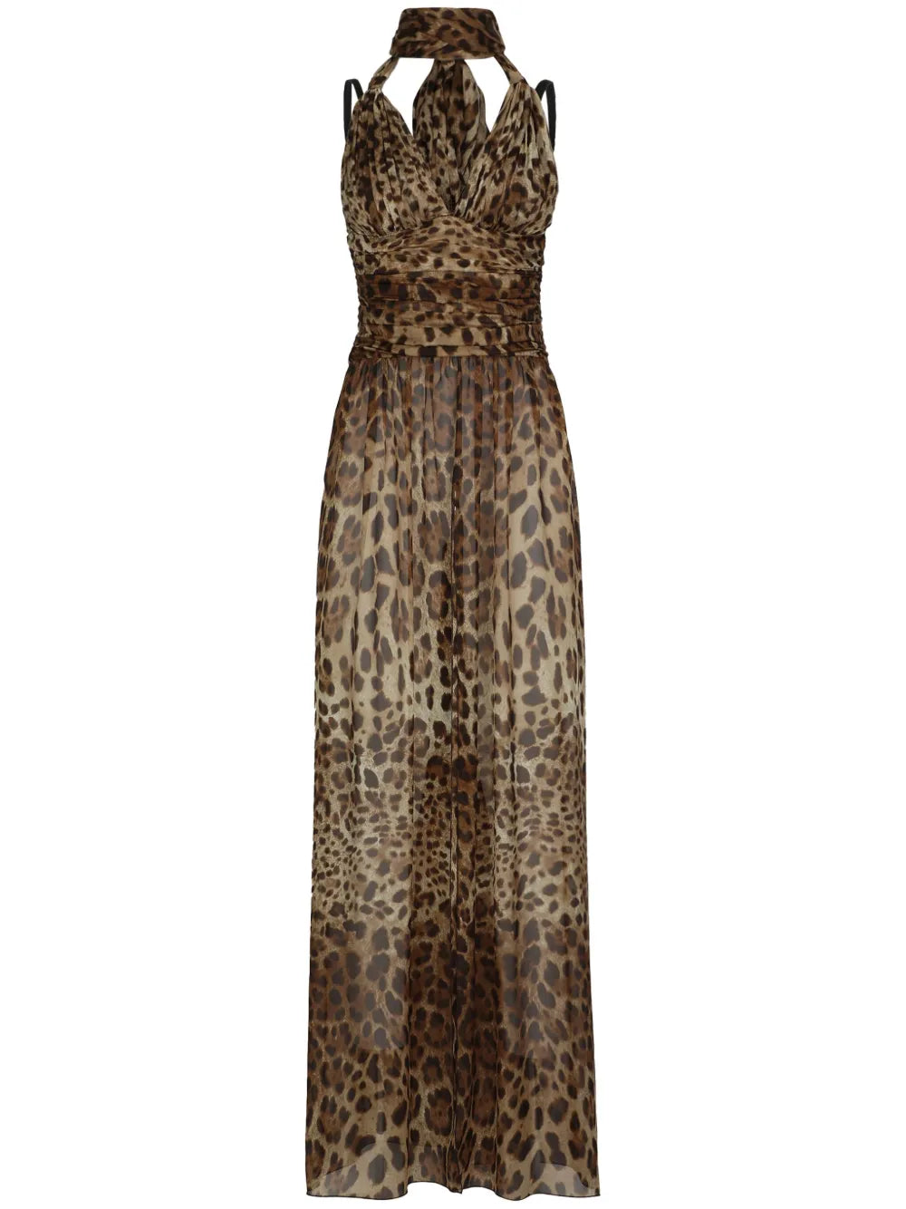 Dolce Gabbana Leopard Print Halterneck Silk Gown — Black/ Brown — Size S — Front View