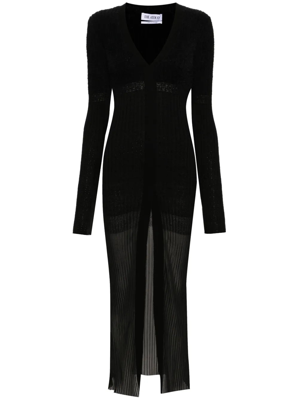 The Attico V Neck Ribbed Midi Dress — Black — Size XS — Front View