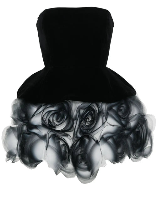 Ana Radu Floral Applique Strapless Minidress — Black/ White — Size XS — Front View