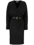 Saint Laurent Belted Wrap Midi Dress — Black — Size XS — Front View