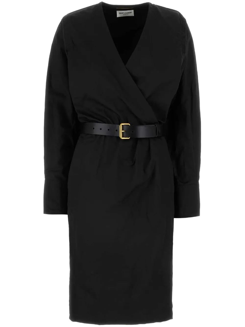 Saint Laurent Belted Wrap Midi Dress — Black — Size XS — Front View