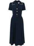 Nissa V Neck Belted Midi Dress — Blue/ Navy/ Red — Size L — Front View