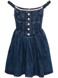 Self Portrait Crystal Embellished Denim Mini Dress — Blue/ Navy/ Red — Size S — Front View