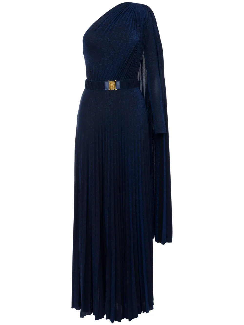 Elisabetta Franchi One Shoulder Pleated Gown — Blue/ Navy/ Red — Size XS — Front View