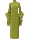 Taller Marmo Del Rio Feather Trim Midi Dress — Red/ Green — Size XS — Front View
