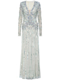 Rachel Gilbert Rosa Crystal Embellished Gown — Silver — Size XS — Front View