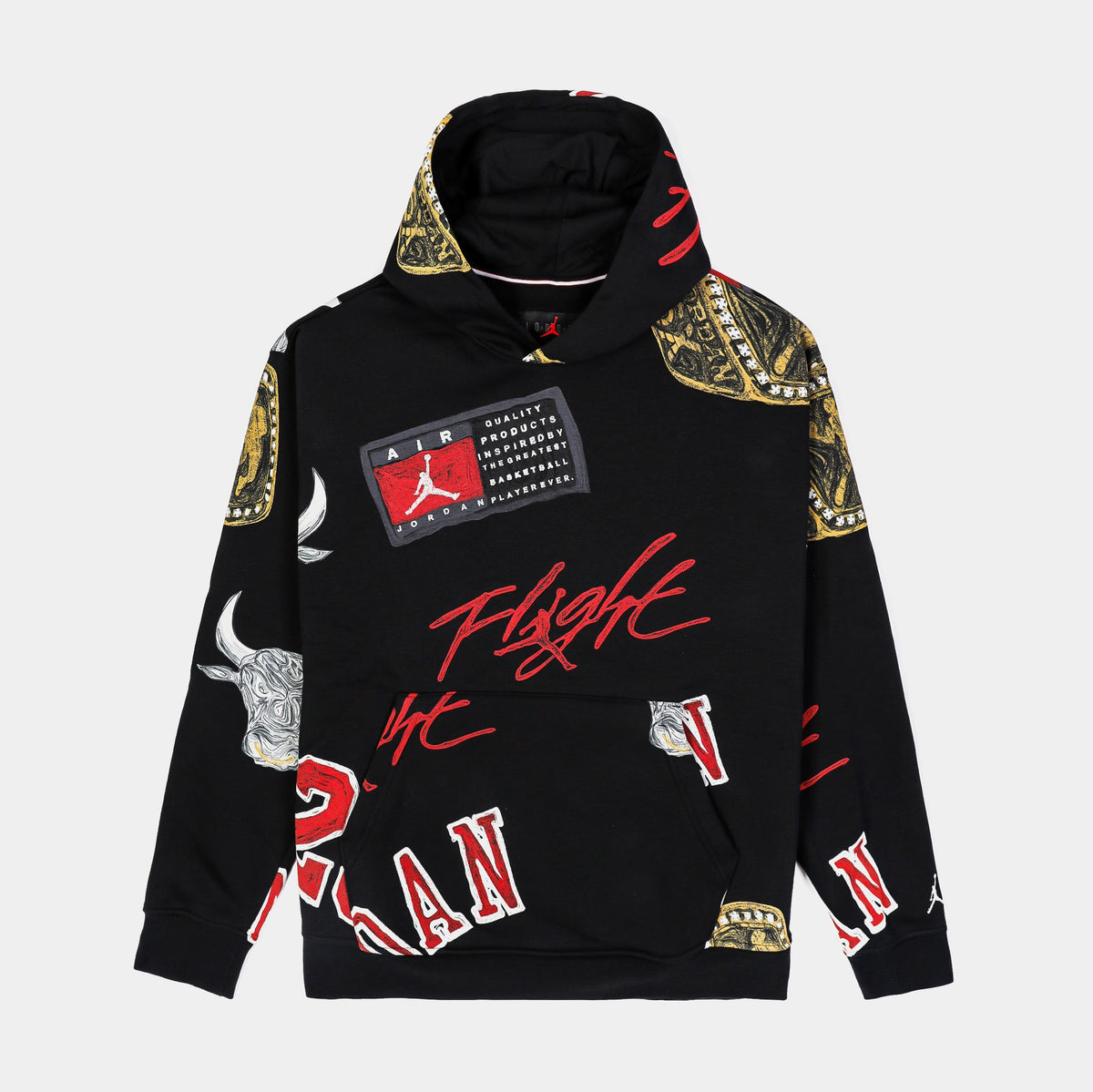 Exclusive Brooklyn Fleece All Over Print Mens Pullover Hoodie (Black/Red) — S — Front View