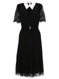 Nissa Lace Detailed Silk Midi Dress — Black — Size L — Front View