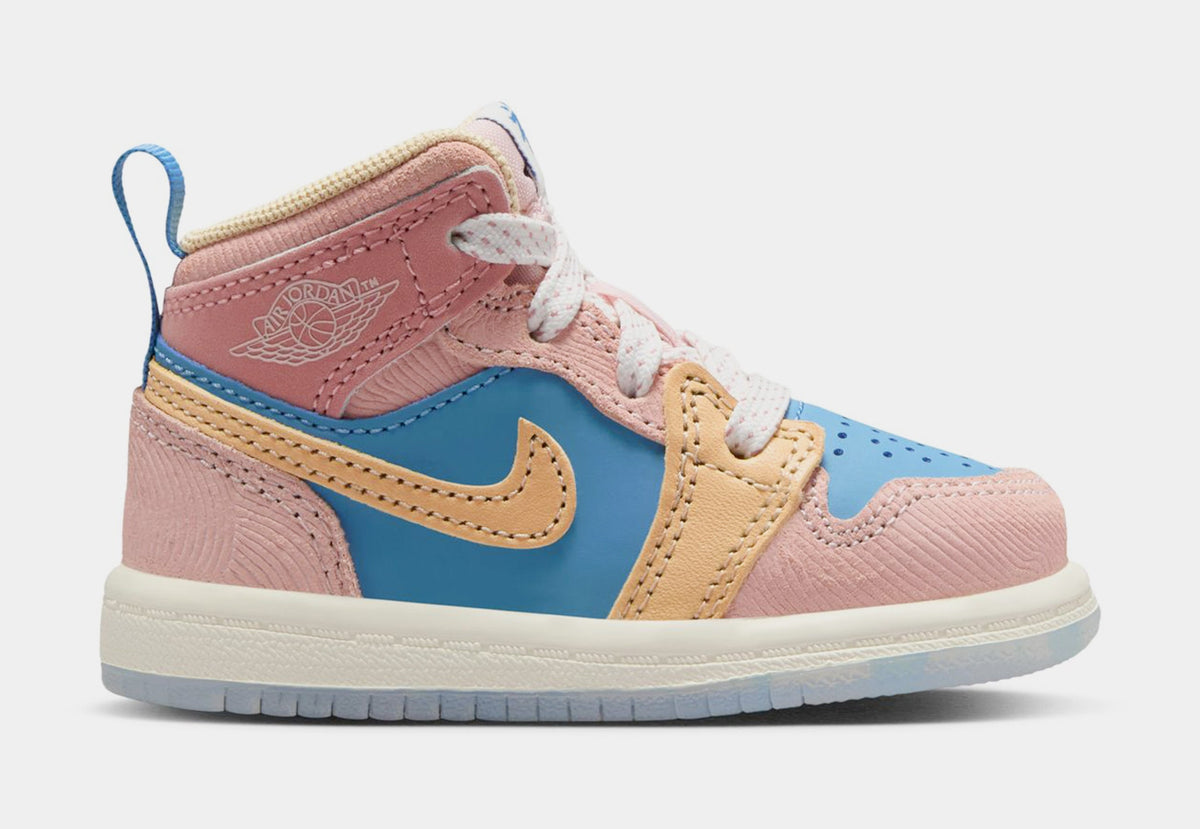 Exclusive Air Jordan 1 Retro Mid Sneaker School Infant Toddler Lifestyle Shoes (Aegean Storm/Hemp/Pink Oxford) — 2C — Front View