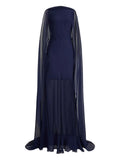 Ralph Lauren Collection Sheer Cape Evening Gown — Blue/ Navy/ Red — Size XS — Front View