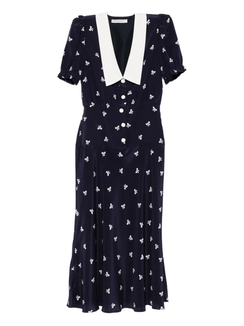 Alessandra Rich Bow Print Midi Dress — Blue/ Navy — Size S — Front View