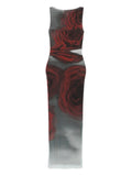 Jean Paul Gaultier Rose Print Midi Dress — White/ Grey/ Red — Size XS — Front View