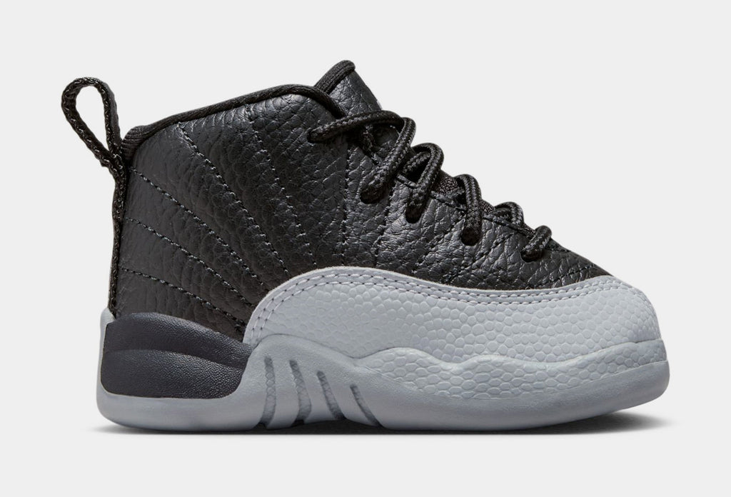 Exclusive Air Jordan 12 Retro Black and Wolf Grey Infant Toddler Lifestyle Shoes (Black/Wolf Grey/White) — 2C — Front View