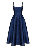 Post Meridiem Jacquard Corset Bustier Midi Dress — Blue/ Navy/ Red — Size XS — Front View
