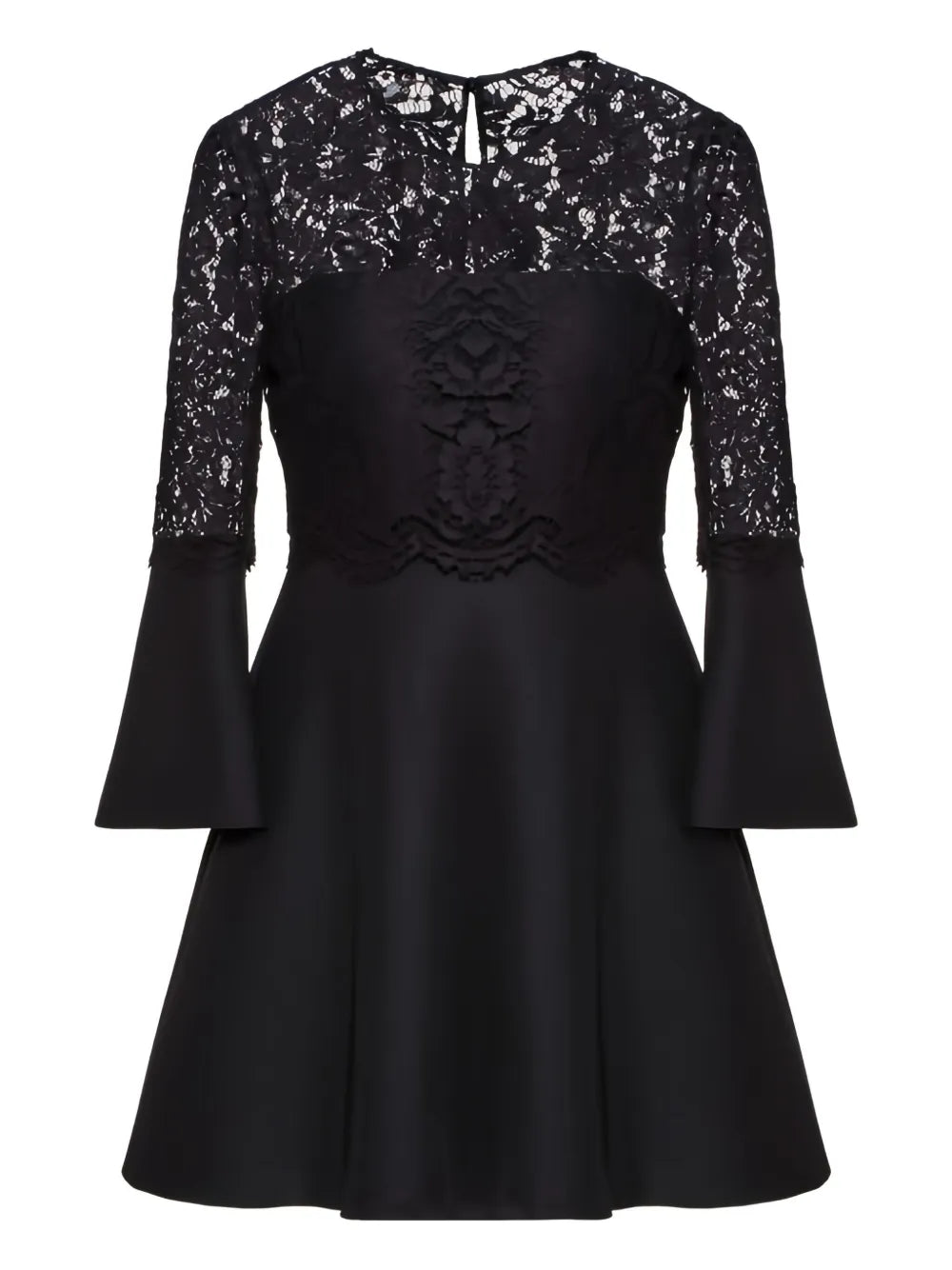 Valentino Garavani Lace Paneled Flared Dress — Black/ Red — Size XS — Front View