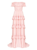 Olympiah Ruffled Off The Shoulder Gown — Red/ Pink — Size XS — Front View