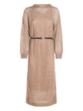 Brunello Cucinelli Open Knit Midi Dress — Light Brown/ Brown — Size M — Front View