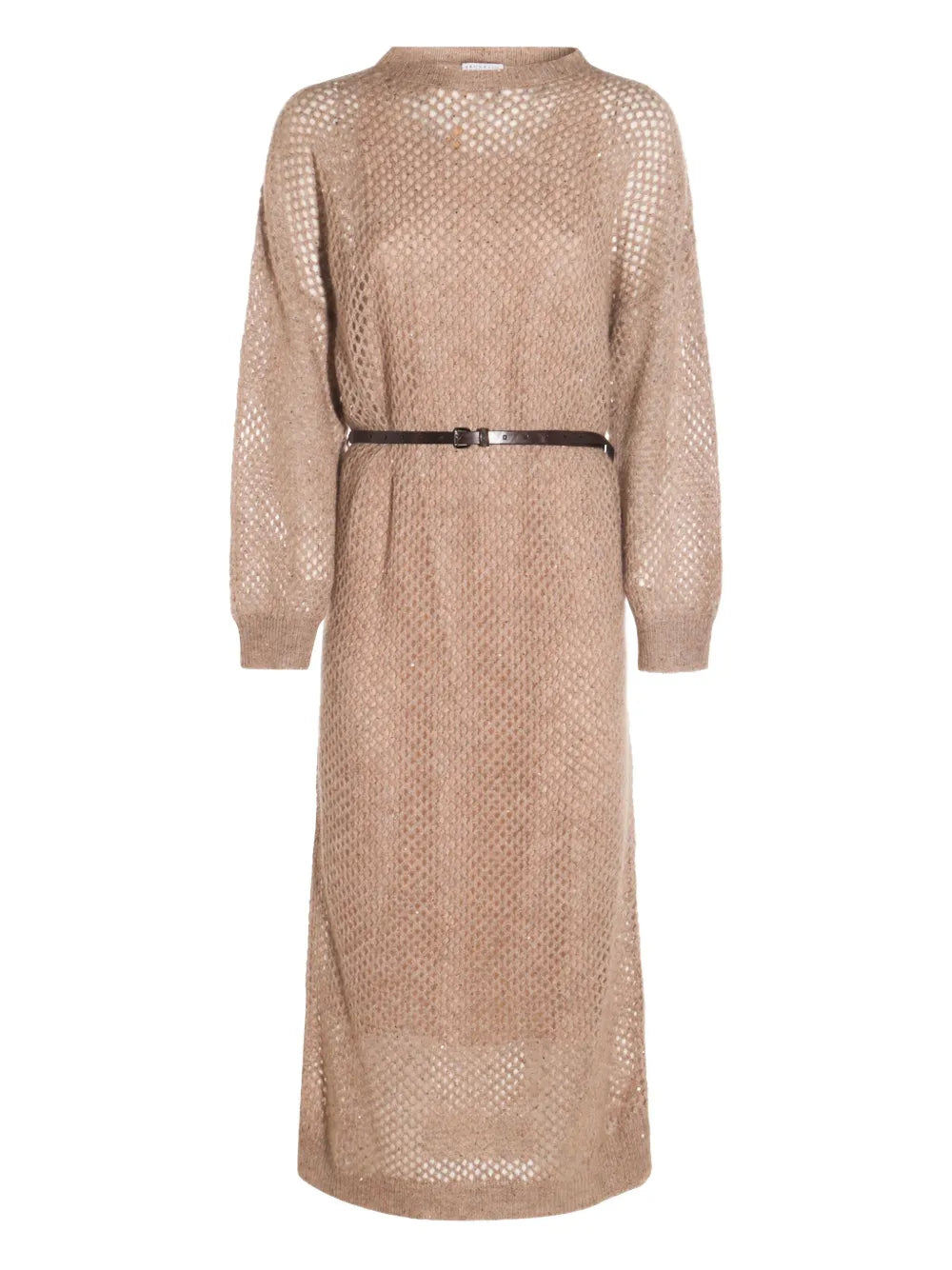Brunello Cucinelli Open Knit Midi Dress — Light Brown/ Brown — Size M — Front View