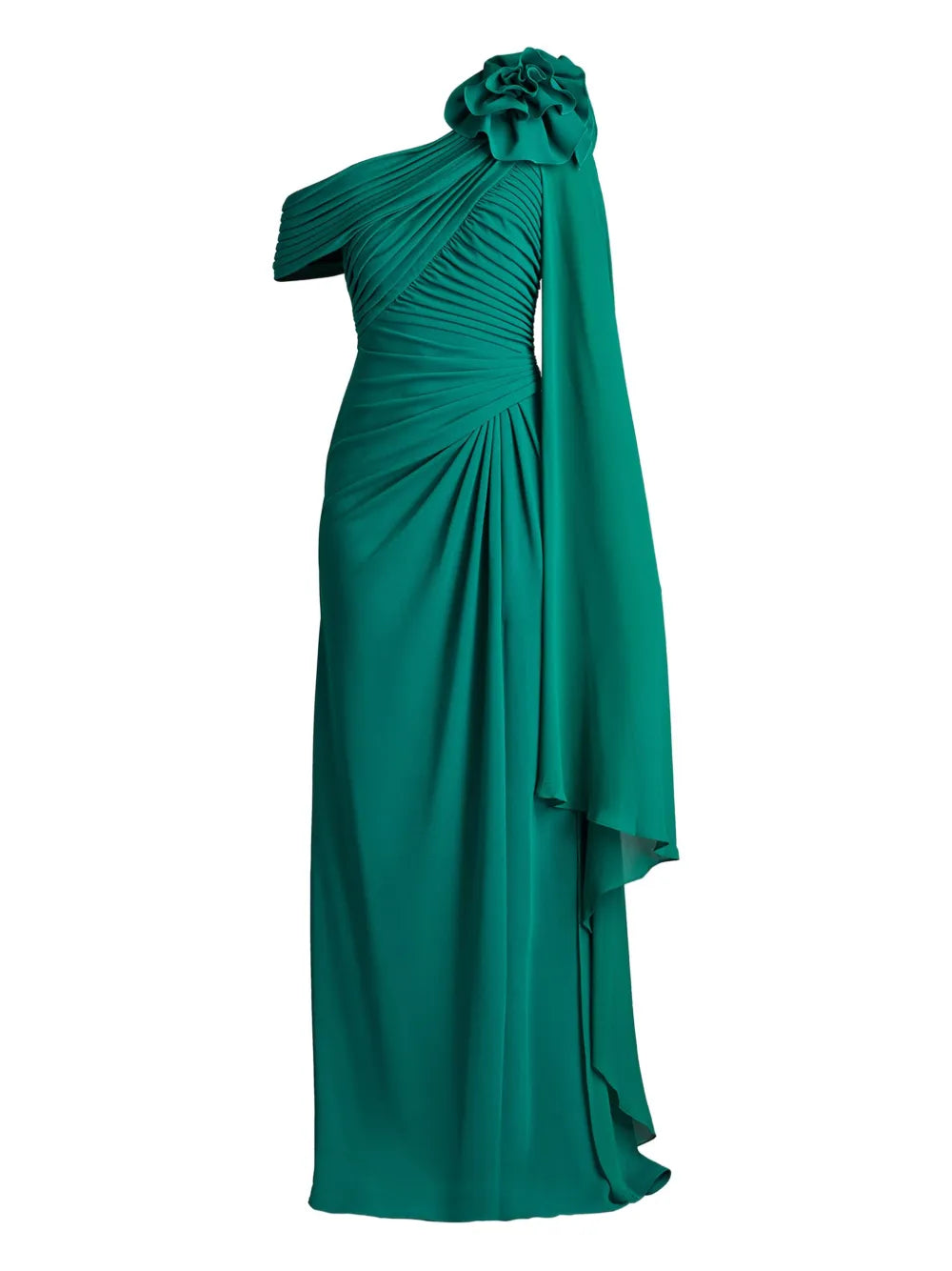 Tadashi Shoji Kamari Draped Off Shoulder Gown — Green — Size XS — Front View