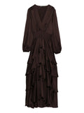 Maje V Neck Ruffled Dress — Brown/ Red — Size XS — Front View