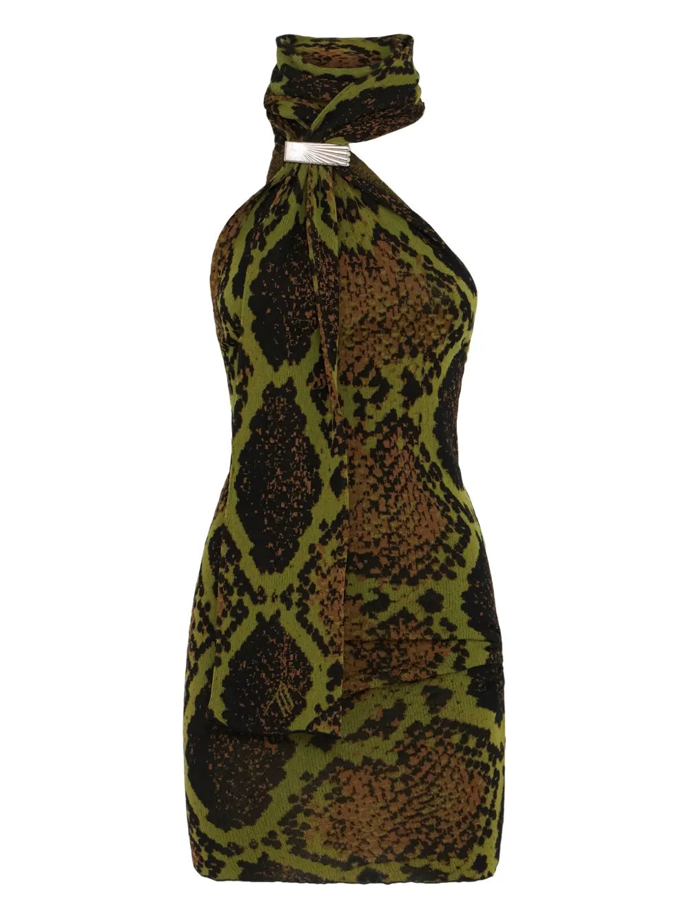 The Attico Snake Print Halterneck Mini Dress — Green/ Olive — Size XS — Front View