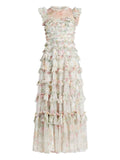 Needle Thread Floral Print Tiered Ruffle Dress — White/ Red — Size M — Front View
