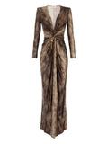 Elisabetta Franchi Twist Front Maxi Dress — Brown/ Gold — Size XS — Front View