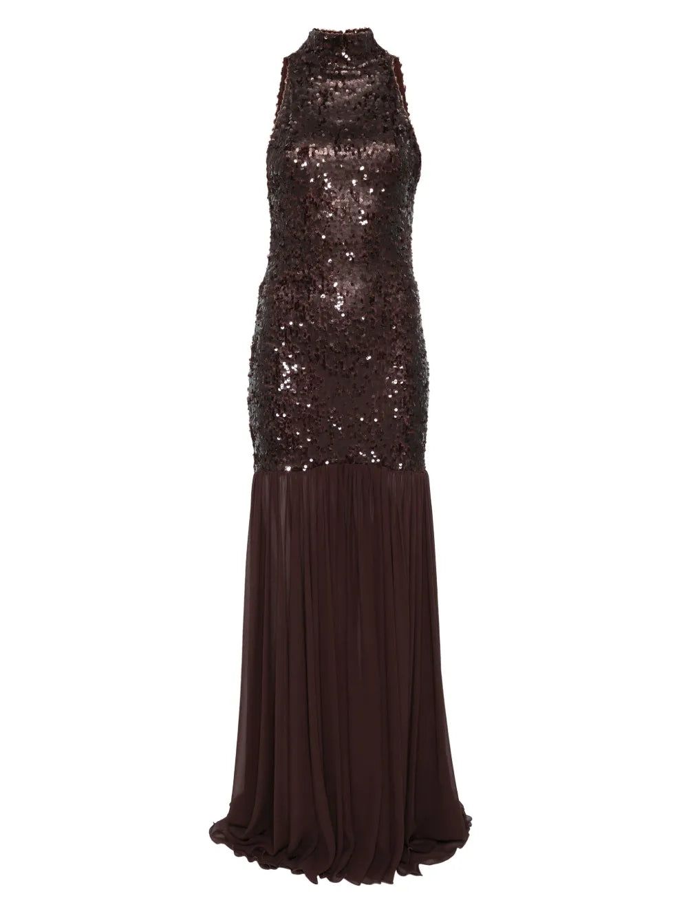 Atu Body Couture Sequinned High Neck Dress — Brown/ Red — Size S — Front View