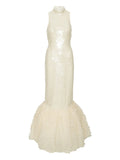 Rotate Birger Christensen Sequin Embellished Ruffled Gown — Cream — Size XS — Front View