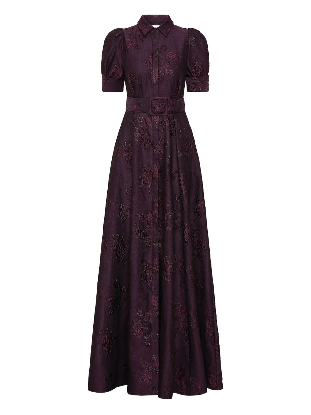 Rebecca Vallance Afina Puff Sleeve Brocade Gown — Red/ Purple — Size XS — Front View